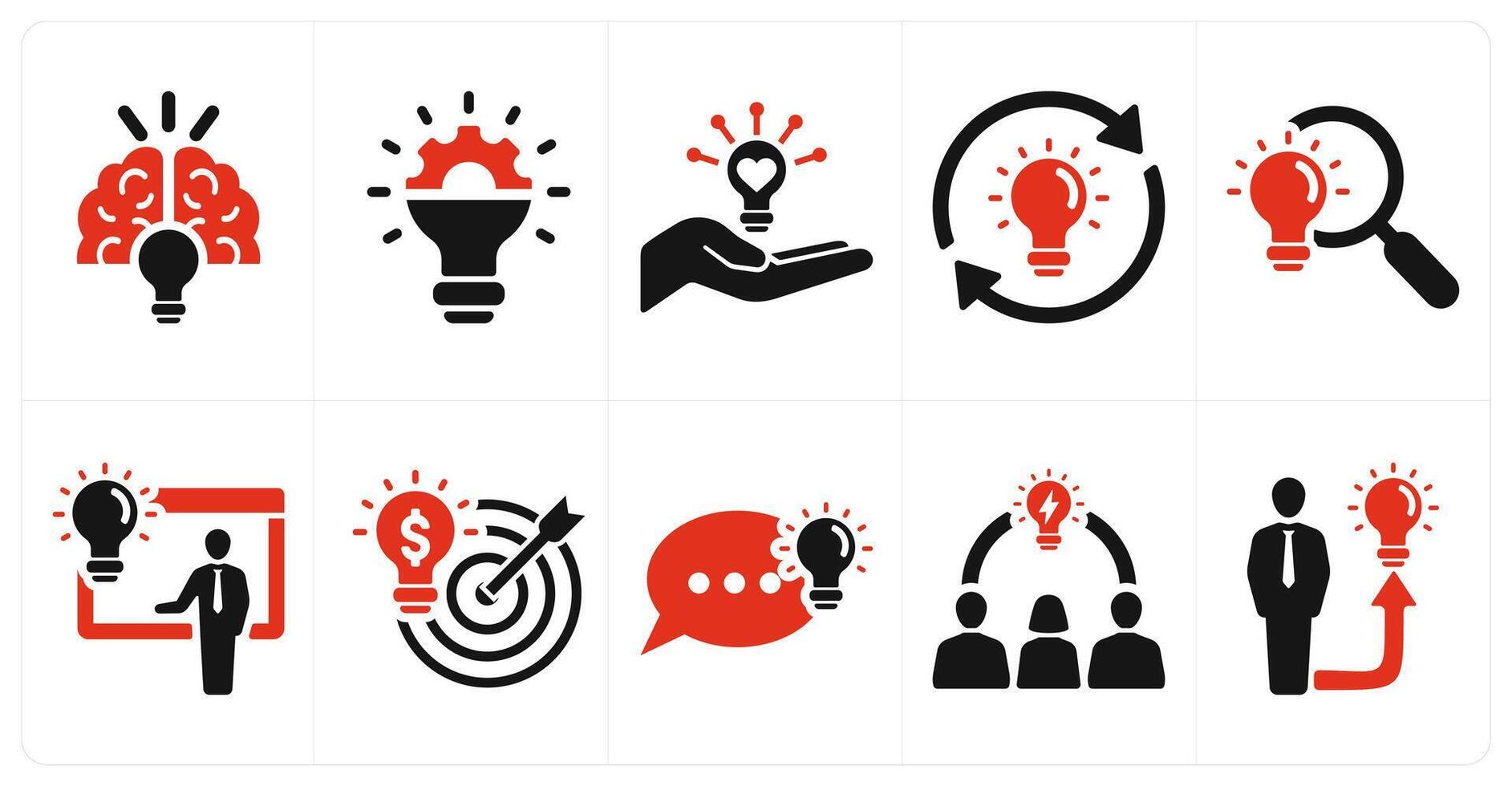 A set of 10 idea icons as creative idea, innovation, share idea in red filled color vector