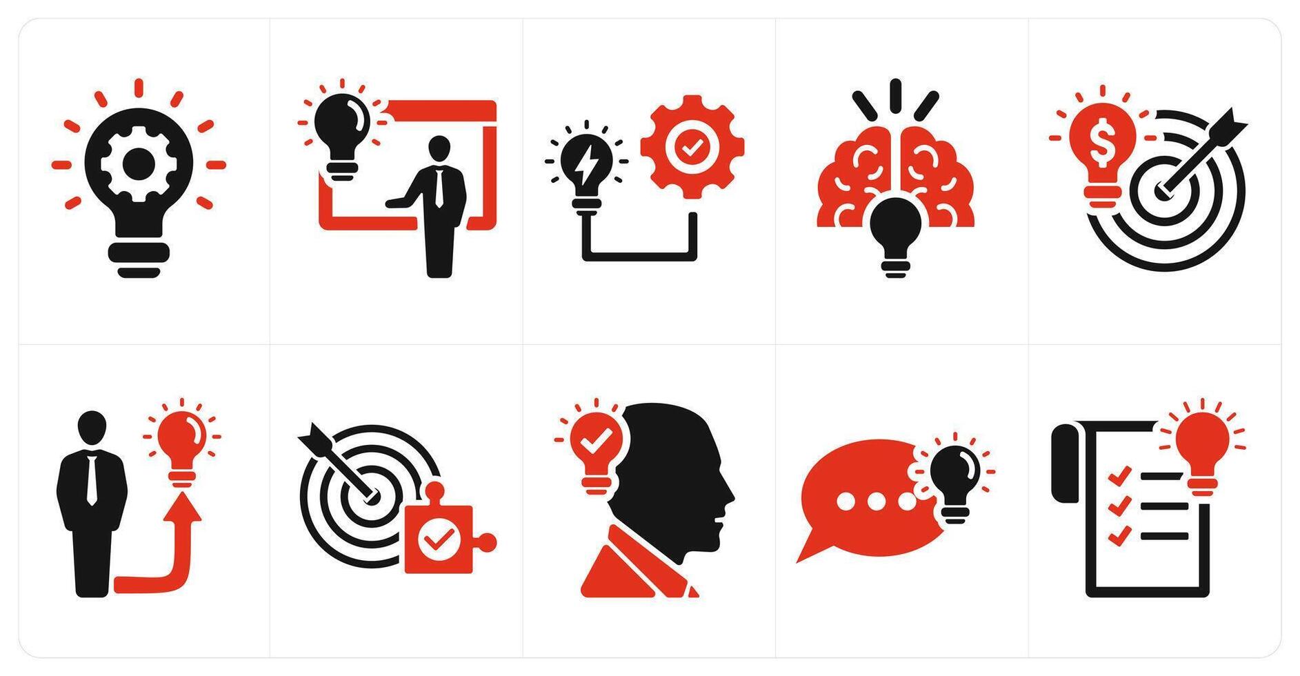 A set of 10 idea icons as idea generation, idea presentation, idea execution in red filled color vector
