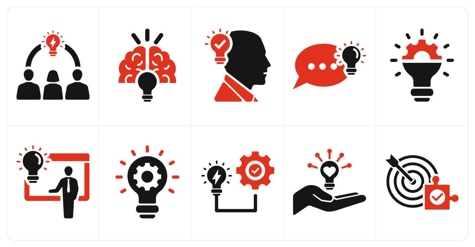 A set of 10 idea icons as brainstorming, creative idea, head idea in red filled color vector