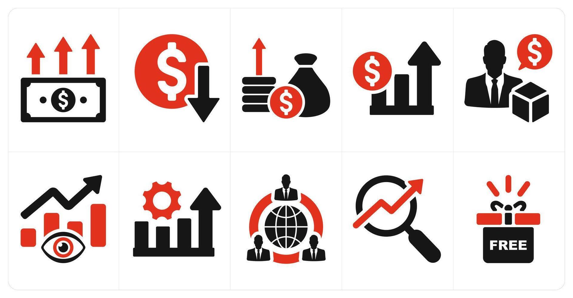 A set of 10 increase sale icons as increase revenue, reduce expenses, profit in red filled color vector