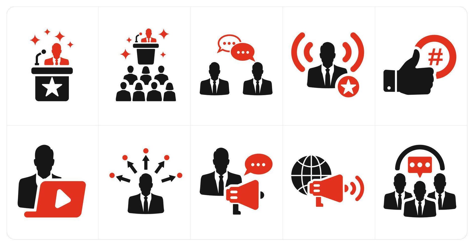 A set of 10 influencer icons as celebrity, follower, persuasion in red filled color vector