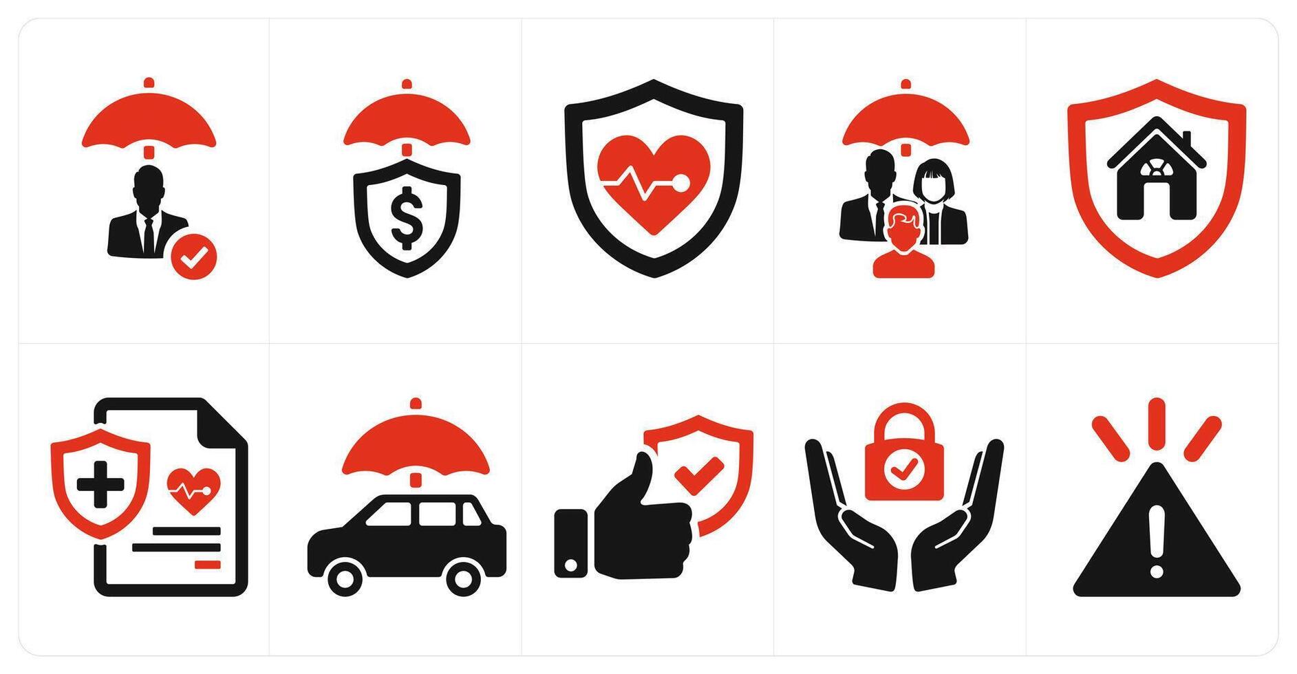 A set of 10 insurance icons as insurance, financial protection, life insurance in red filled color vector