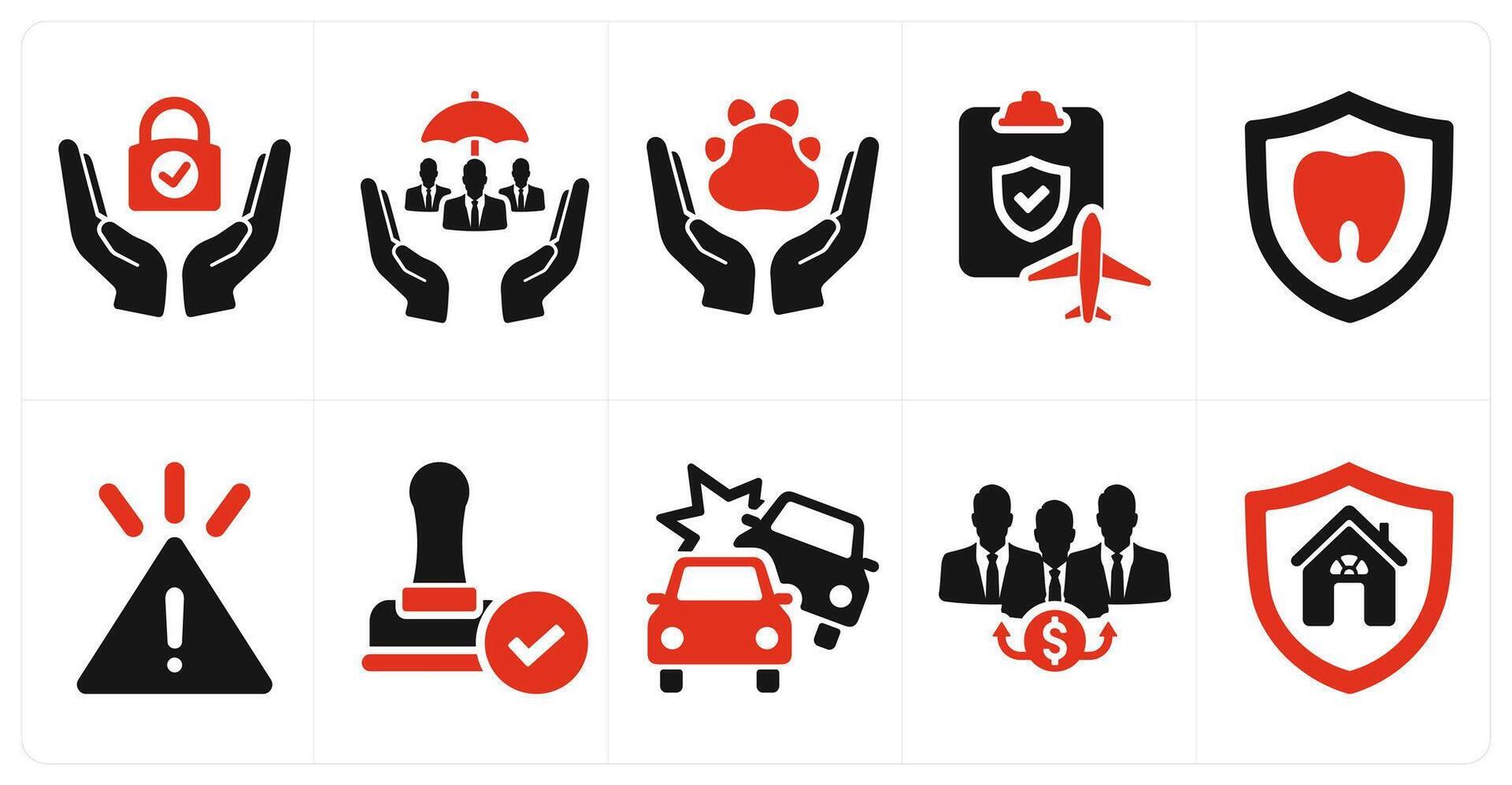 A set of 10 insurance icons as secure, social security, pet care in red filled color vector