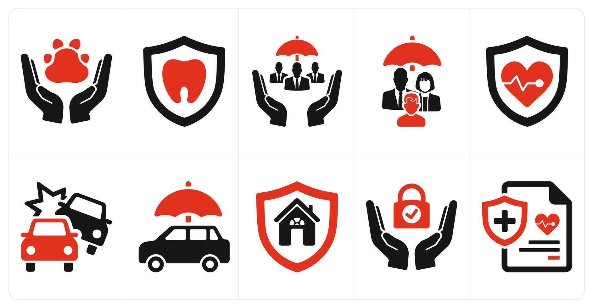A set of 10 insurance icons as pet care, dental, social security in red filled color vector