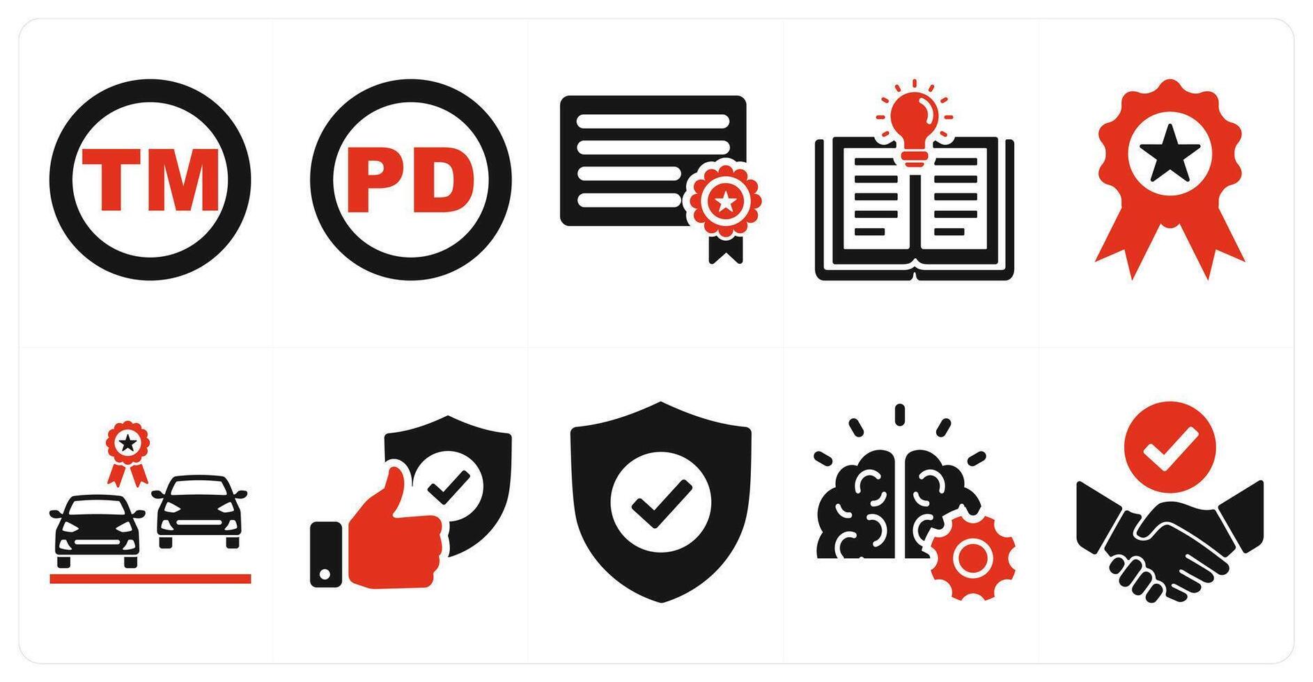A set of 10 intellectual property icons as trademark, public domain, patent in red filled color vector