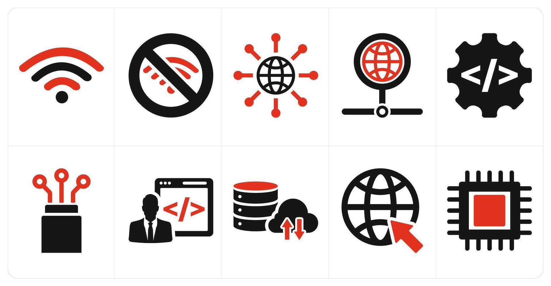 A set of 10 internet computer icons as wifi, wifi error, internet in red filled color vector