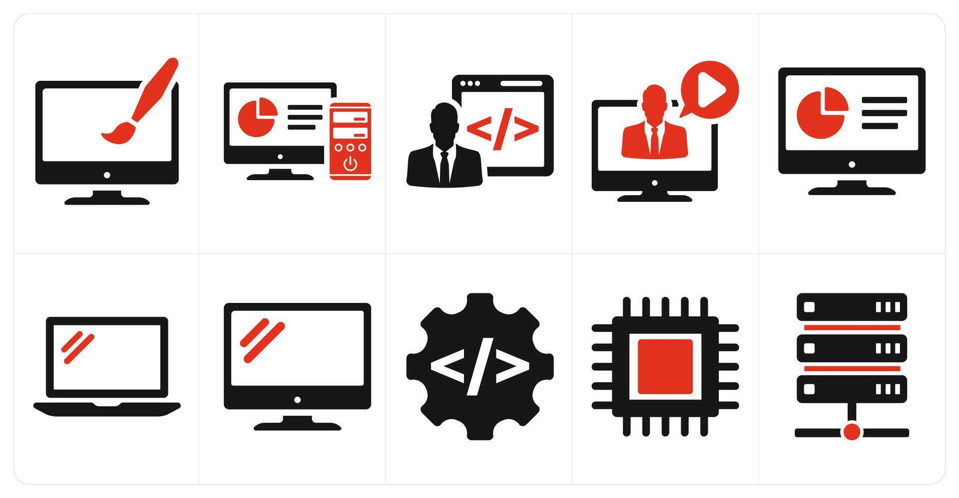 A set of 10 internet computer icons as web design, computer, developer in red filled color vector