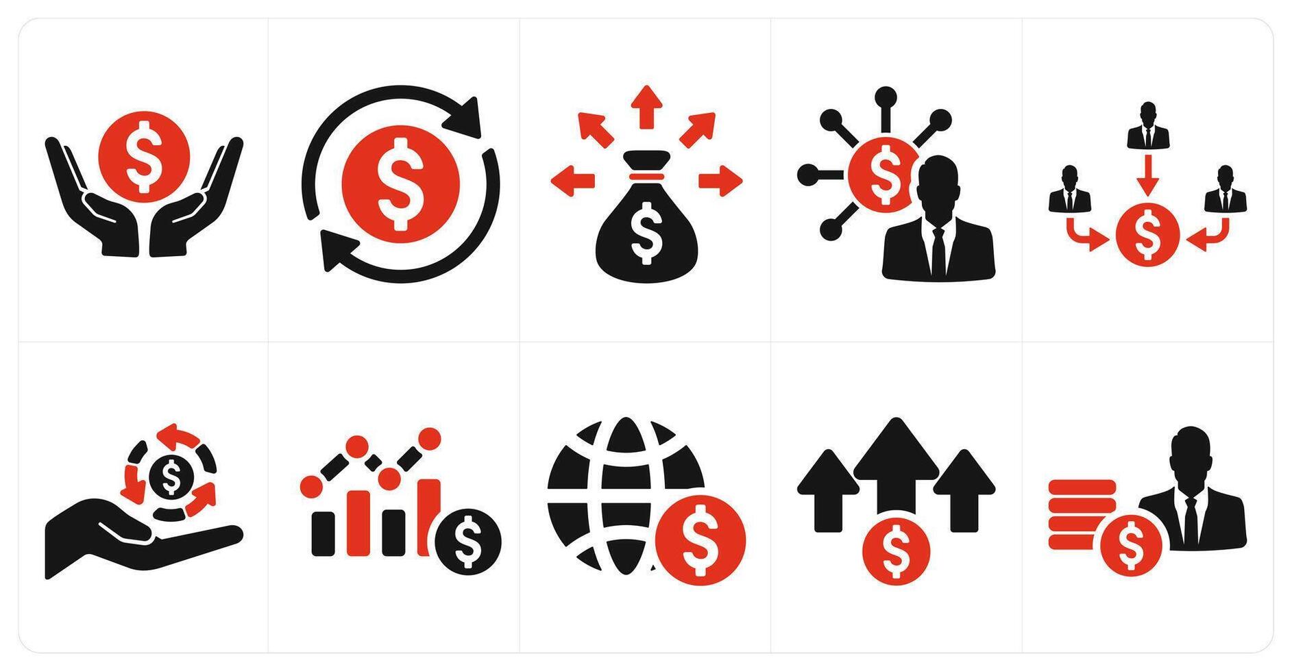 A set of 10 investment icons as asset, cash flow, liquidity in red filled color vector