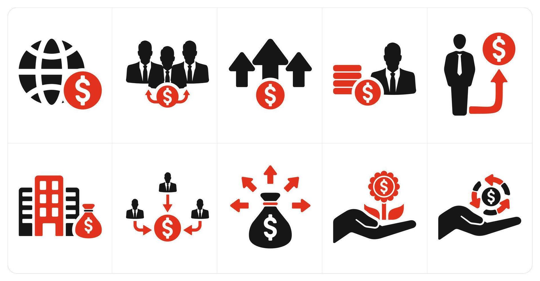 A set of 10 investment icons as global economy, dividend, inflation in red filled color vector