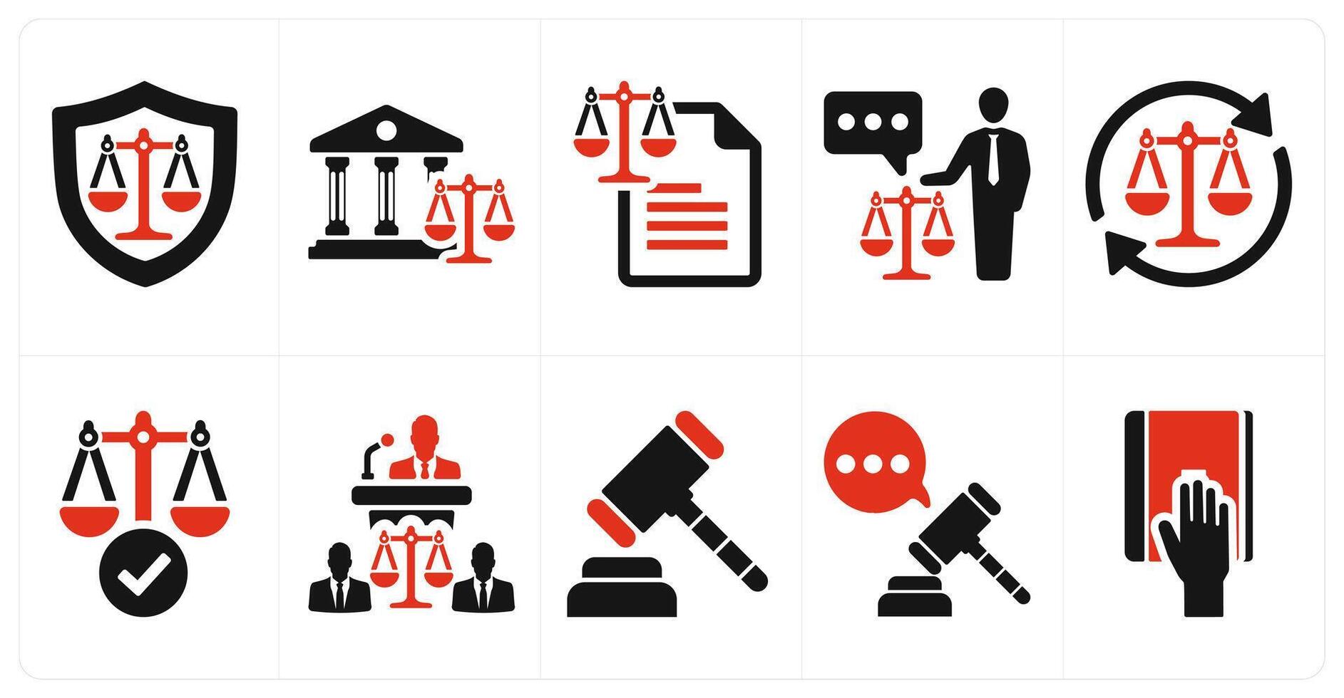 A set of 10 justice icons as justice, court, law in red filled color vector