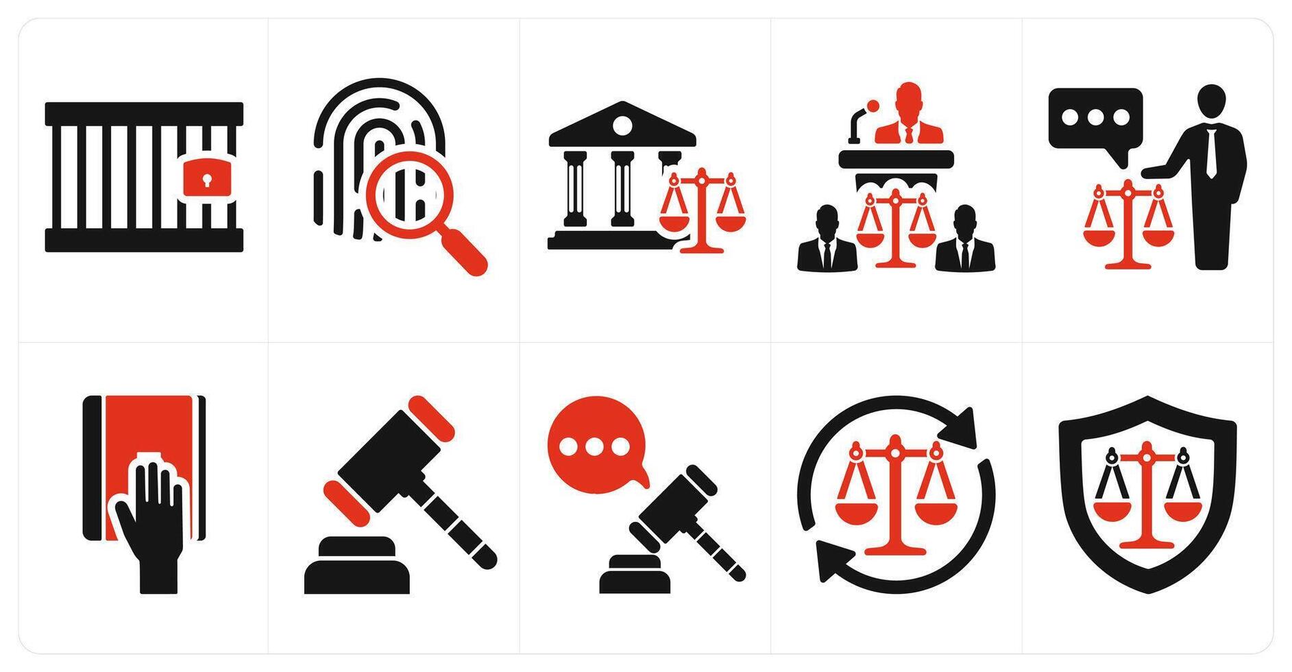 A set of 10 justice icons as jail, investigation, court in red filled color vector