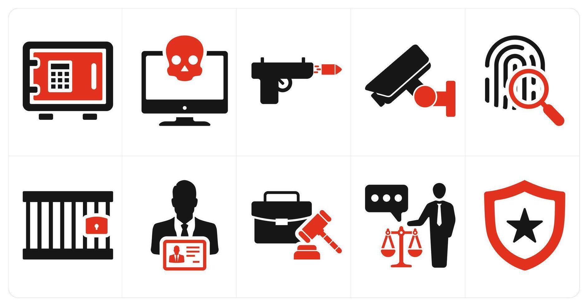 A set of 10 justice icons as locker, cyber crime, weapon in red filled color vector
