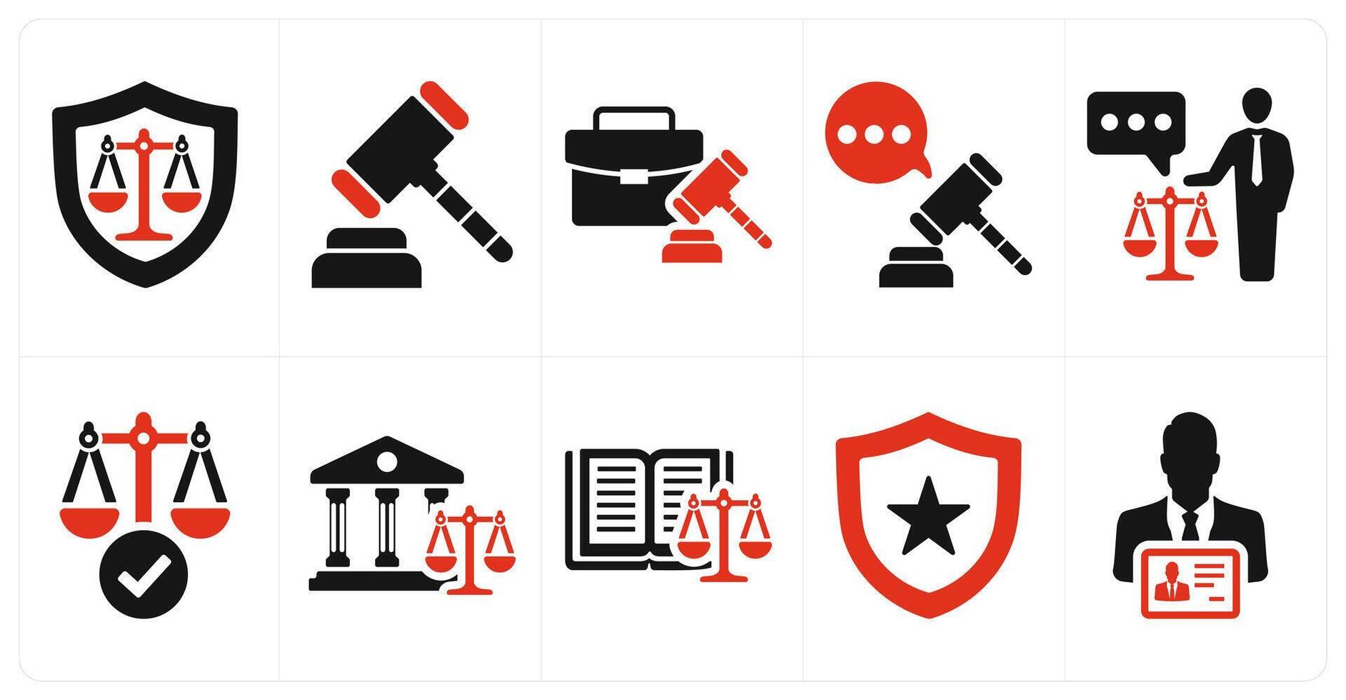 A set of 10 justice icons as justice, judge hammer, case in red filled color vector