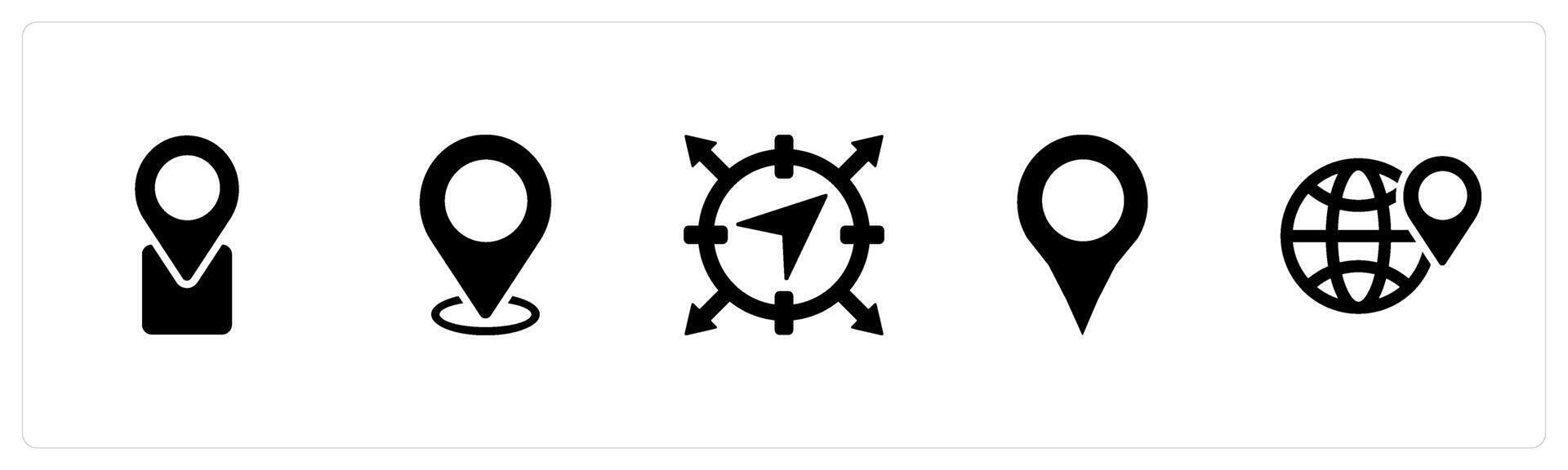 A set of 5 Location icons as place, location, navigation in black filled color vector