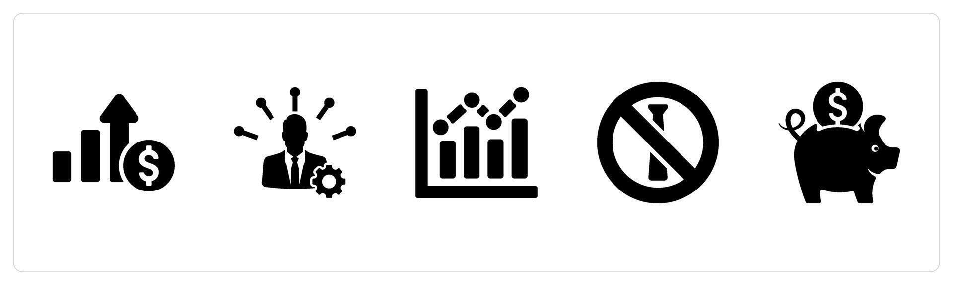 A set of 5 Employee Benefits icons as pay raise, skills developmen, stock option in black filled color vector