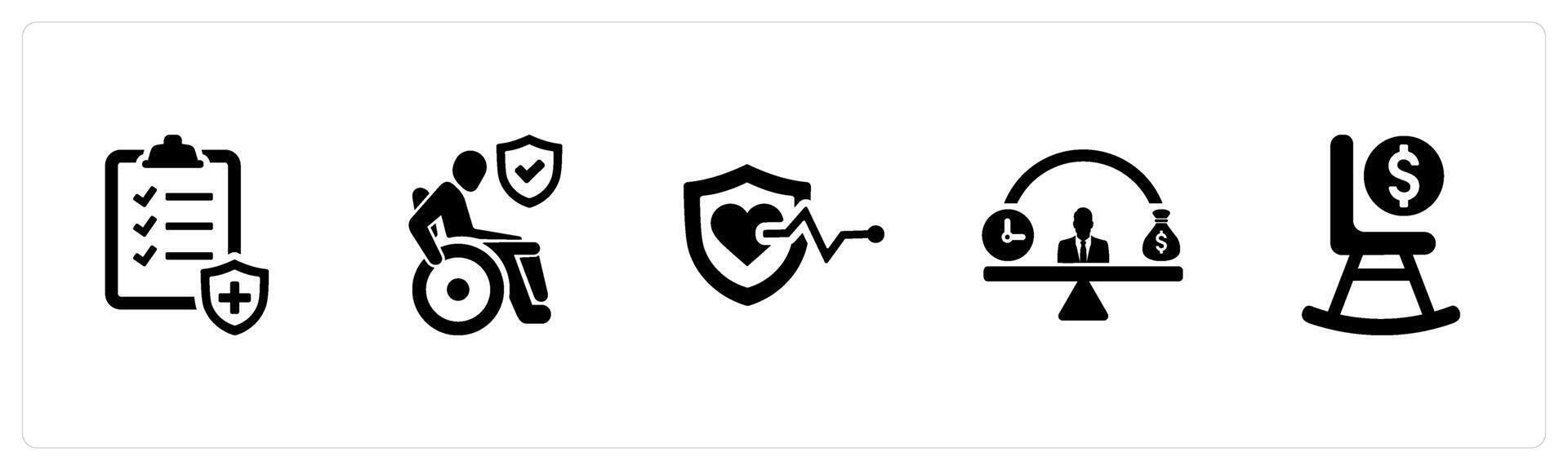 A set of 5 Employee Benefits icons as health insurance, disability insurance, life insurance in black filled color vector