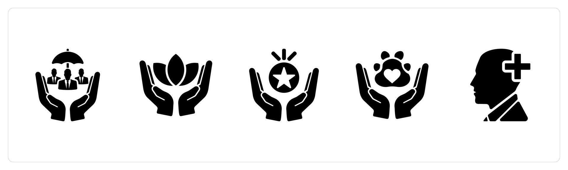 A set of 5 Employee Benefits icons as social security, wellness, perks and bounses in black filled color vector