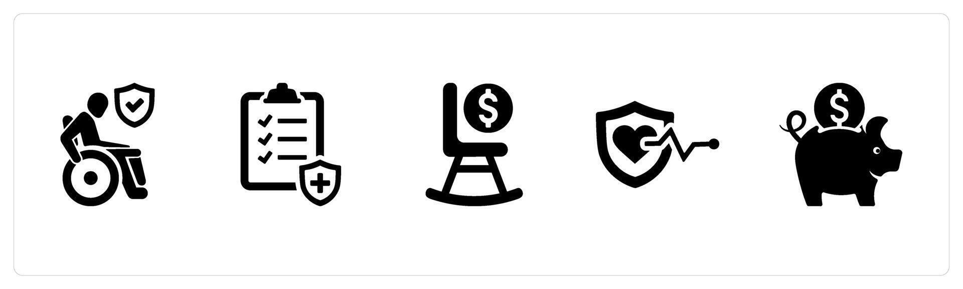 A set of 5 Employee Benefits icons as disability insurance, health insurance, pension in black filled color vector
