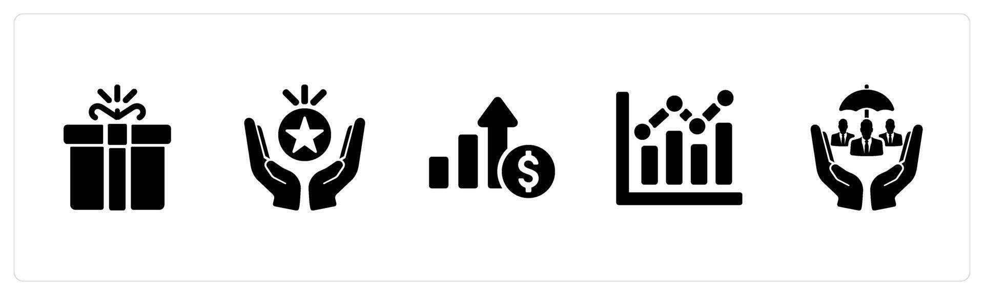 A set of 5 Employee Benefits icons as gifts, perks and bounses, pay raise in black filled color vector