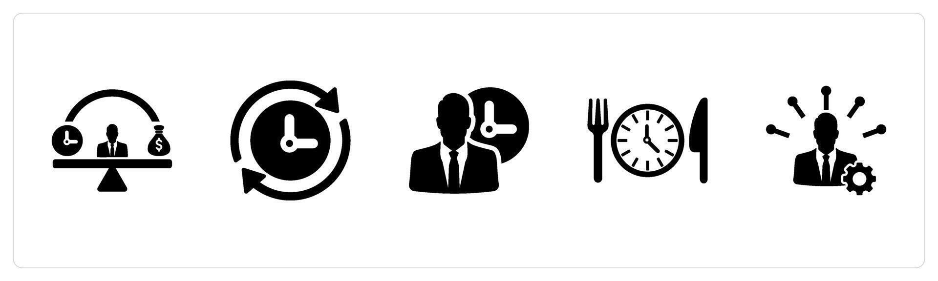 A set of 5 Employee Benefits icons as work life balance, flexible hours, working hours in black filled color vector