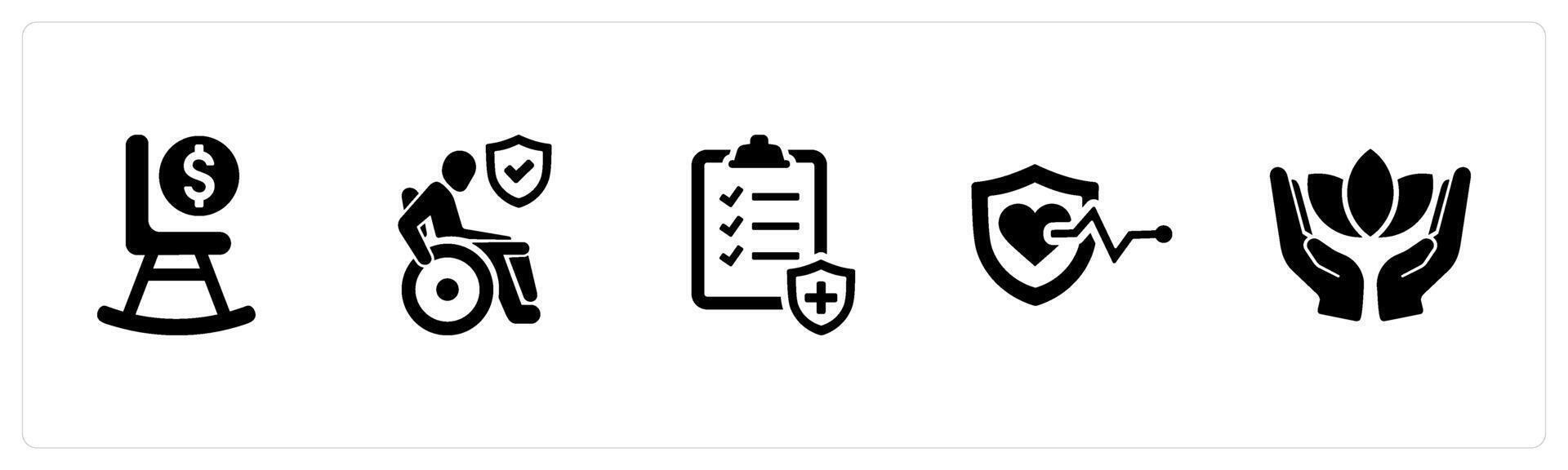 A set of 5 Employee Benefits icons as pension, disability insurance, health insurance in black filled color vector