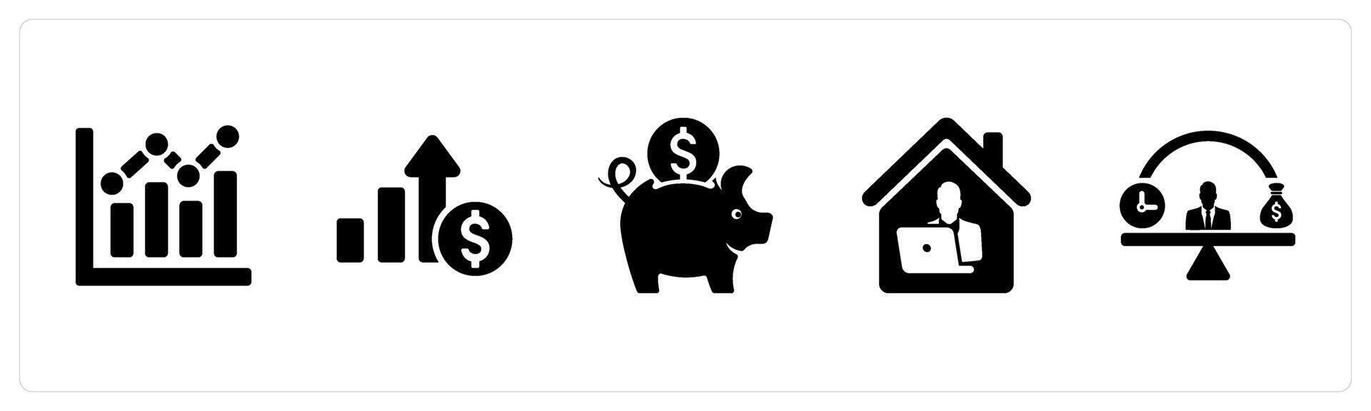A set of 5 Employee Benefits icons as stock option, pay raise, retirement plans in black filled color vector