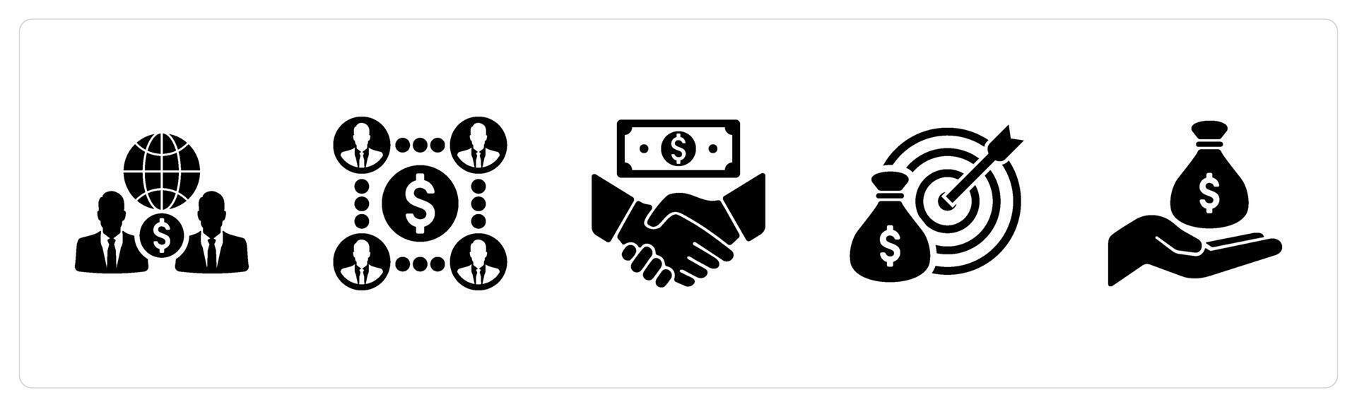 A set of 5 Finance icons as globalization, mutual fund, financial agreement in black filled color vector