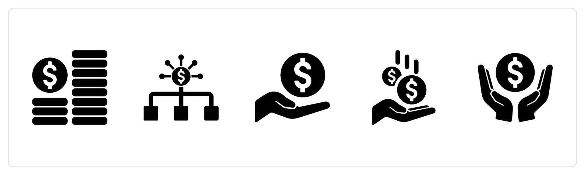 A set of 5 Finance icons as coins, budget, finance in black filled color vector
