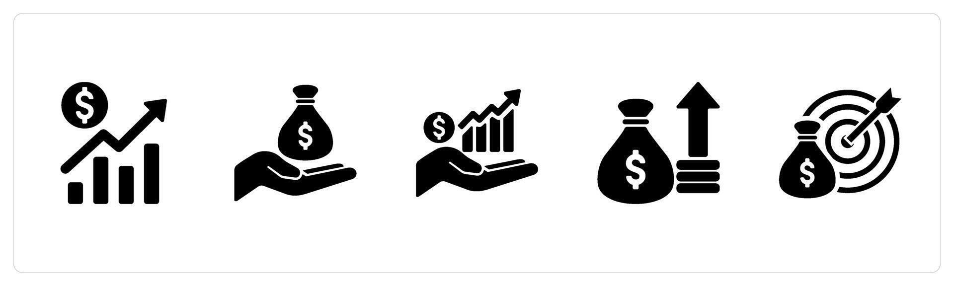 A set of 5 Finance icons as growth, loan, increase revenue in black filled color vector