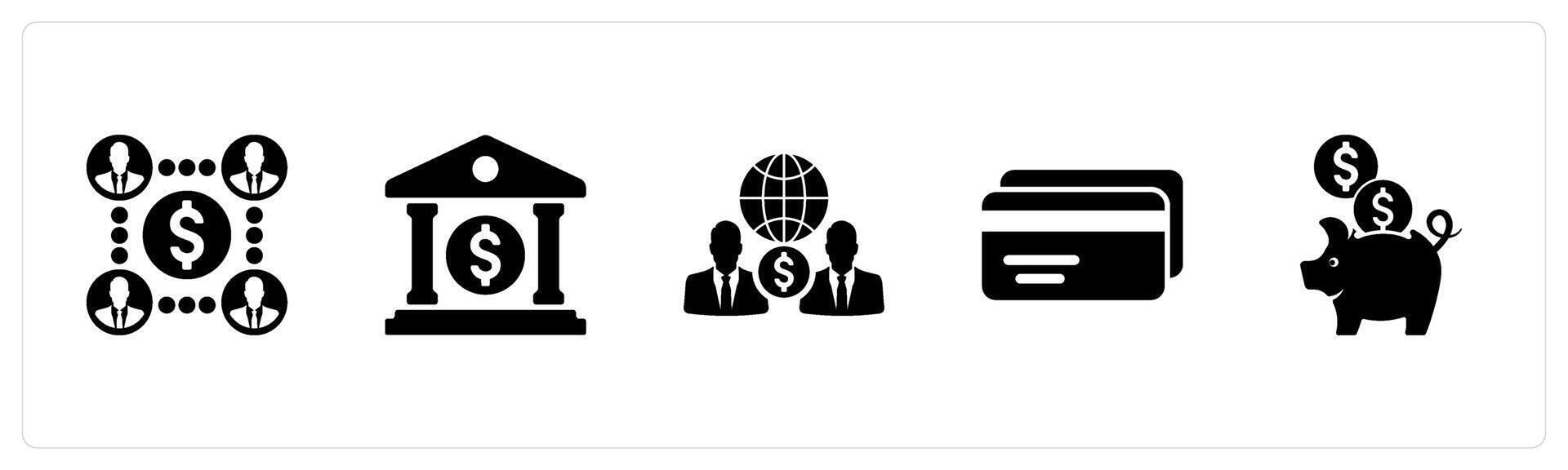 A set of 5 Finance icons as mutual funds, bank, globalization in black filled color vector
