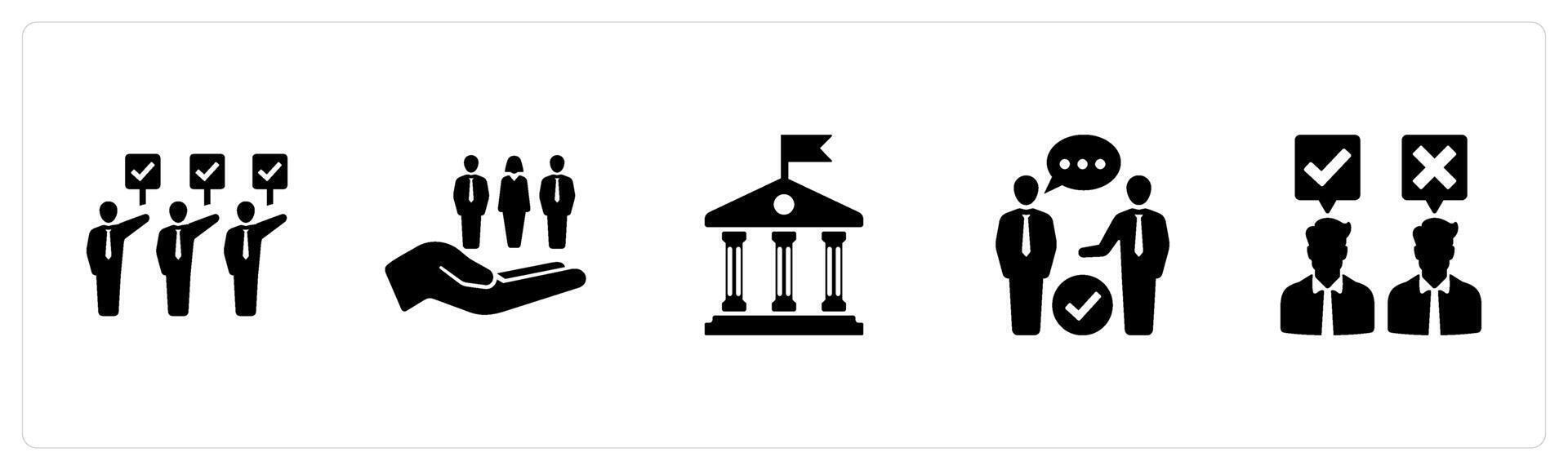 A set of 5 Freedom of Speech icons as protest, human right, government in black filled color vector