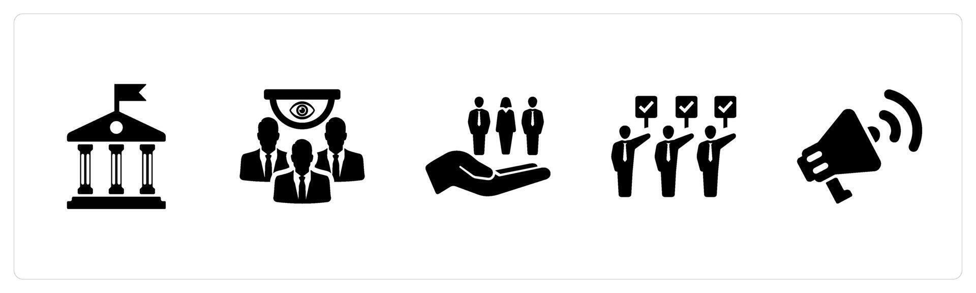 A set of 5 Freedom of Speech icons as government, surveillance, human right in black filled color vector