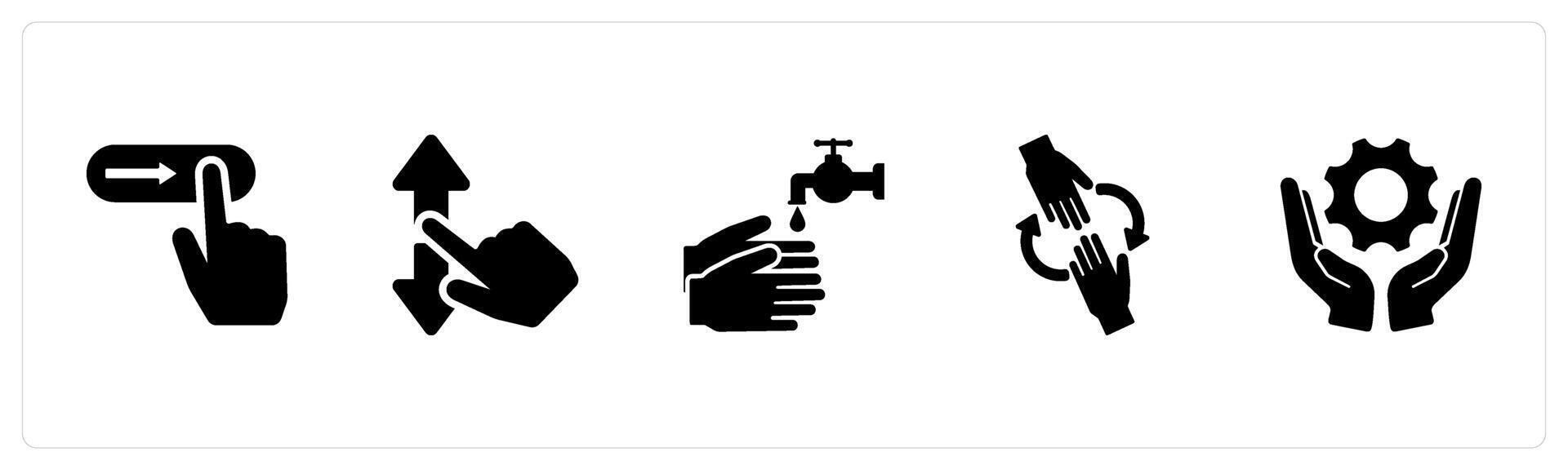 A set of 5 Hands icons as slide gestures, scroll, wash hands in black filled color vector