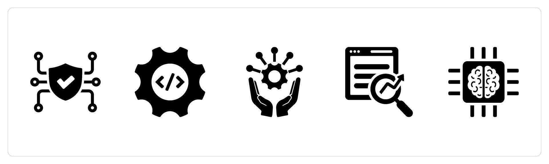 A set of 5 Hard Skills icons as cyber security, programming languages, project management in black filled color vector