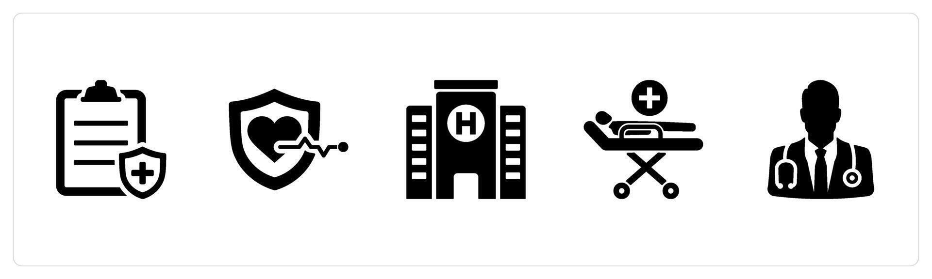 A set of 5 Health Checkup icons as health insurance, life insurance, hospital in black filled color vector