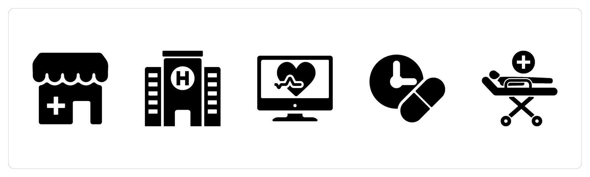 A set of 5 Health Checkup icons as pharmacy, hospital, monitor in black filled color vector
