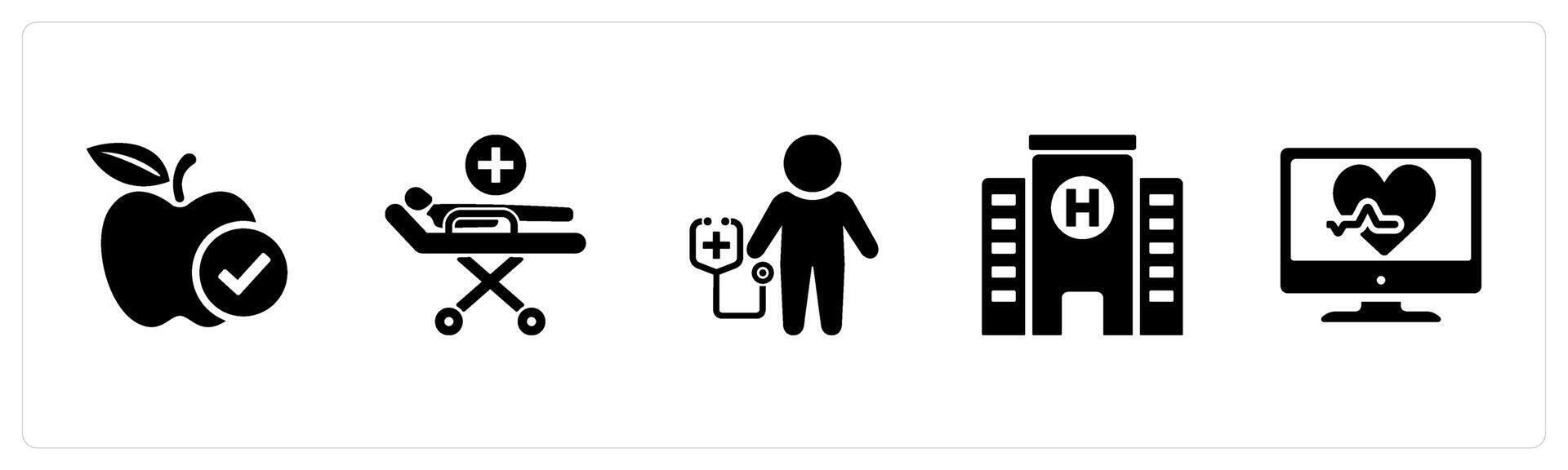 A set of 5 Health Checkup icons as healthy food, patient, checkup in black filled color vector
