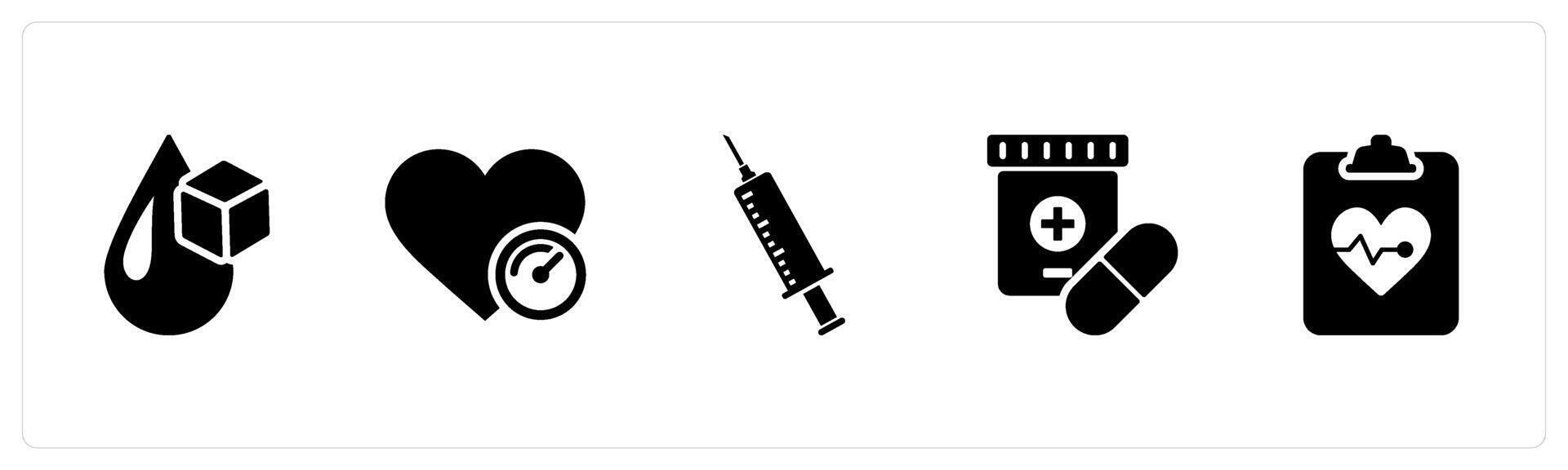 A set of 5 Health Checkup icons as blood sugar, blood pressure, injection in black filled color vector
