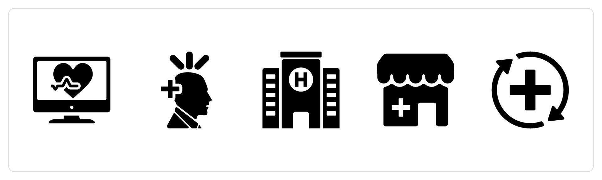 A set of 5 Health Checkup icons as monitor, mental health, hospital in black filled color vector