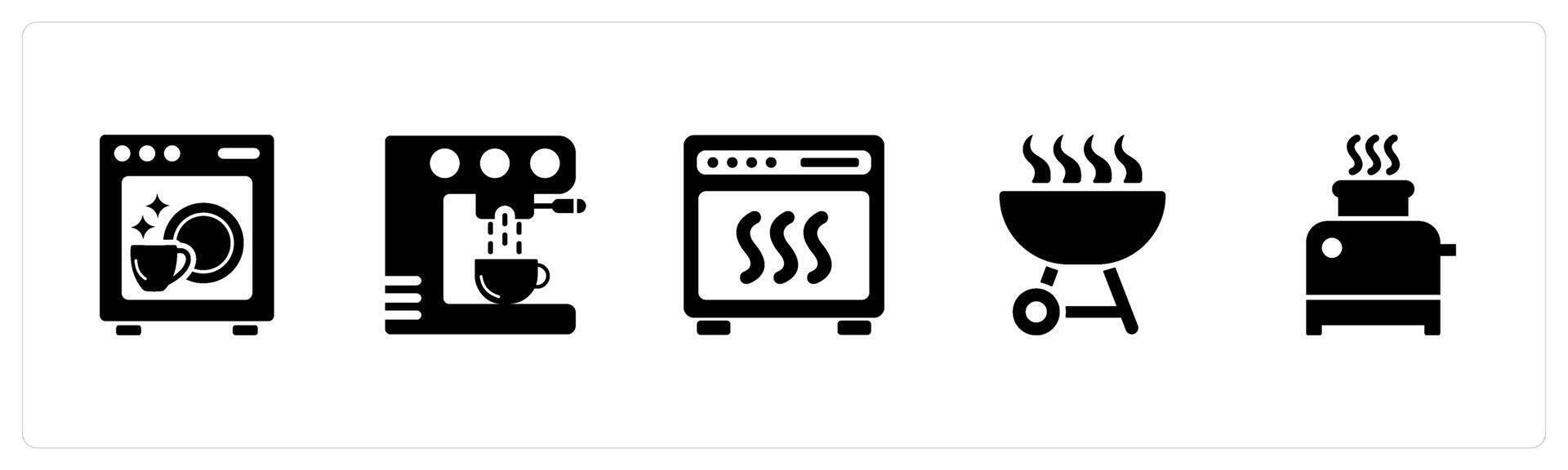 A set of 5 Home Appliance icons as dishwasher, coffee maker, oven in black filled color vector