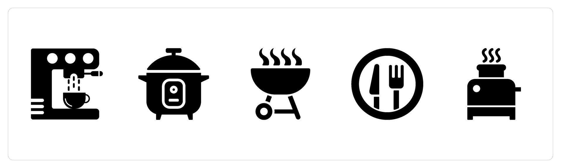 A set of 5 Home Appliance icons as coffee maker, rice cooker, barbecue in black filled color vector