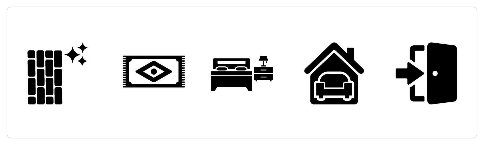 A set of 5 Home Interior icons as floor, rug, bedroom in black filled color vector