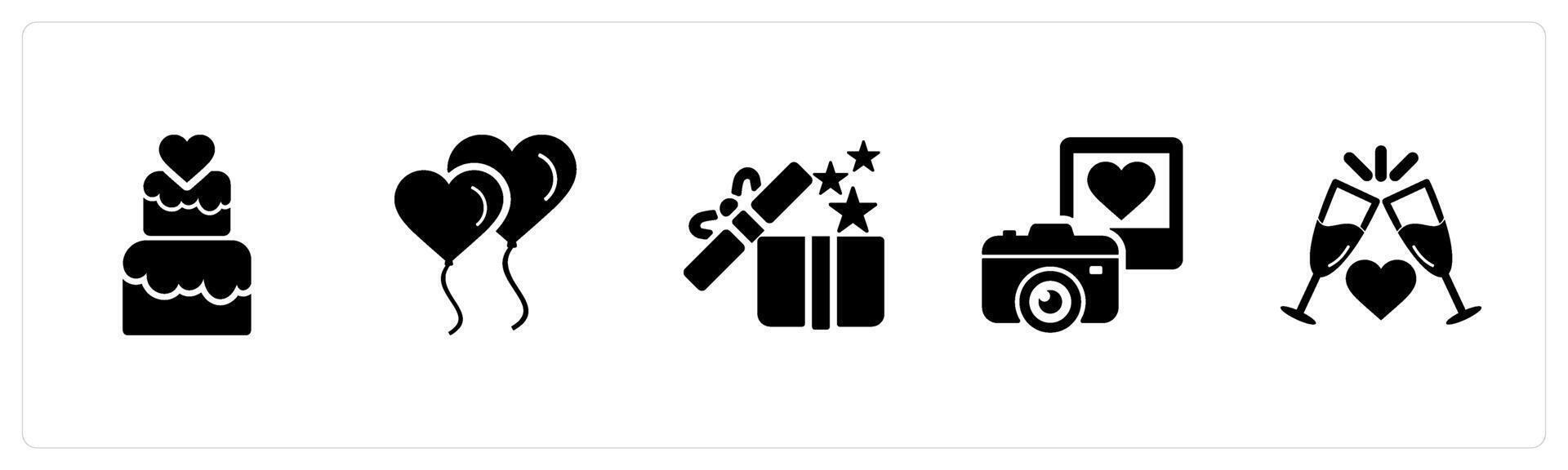 A set of 5 Honeymoon icons as cake, balloons, surprise in black filled color vector