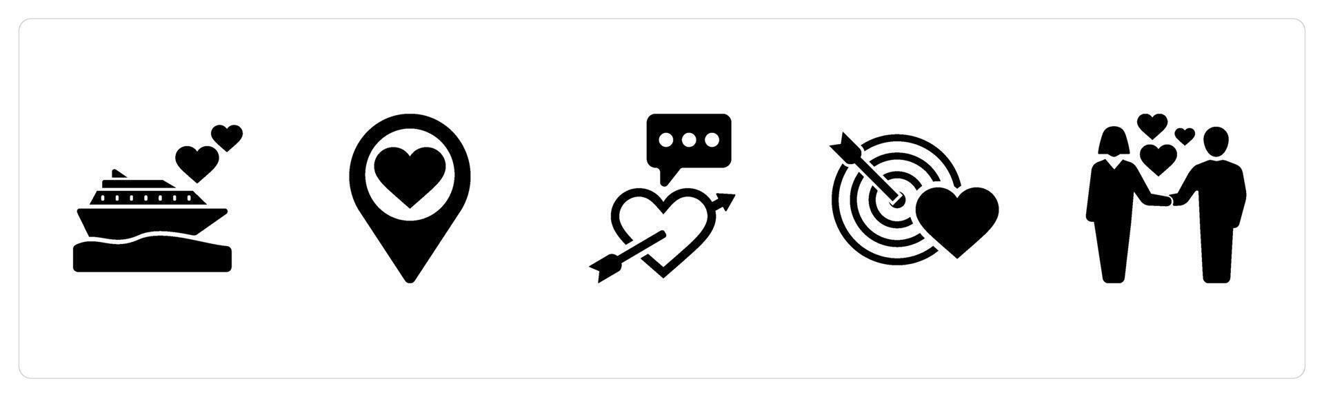 A set of 5 Honeymoon icons as cruise, destination, love story in black filled color vector