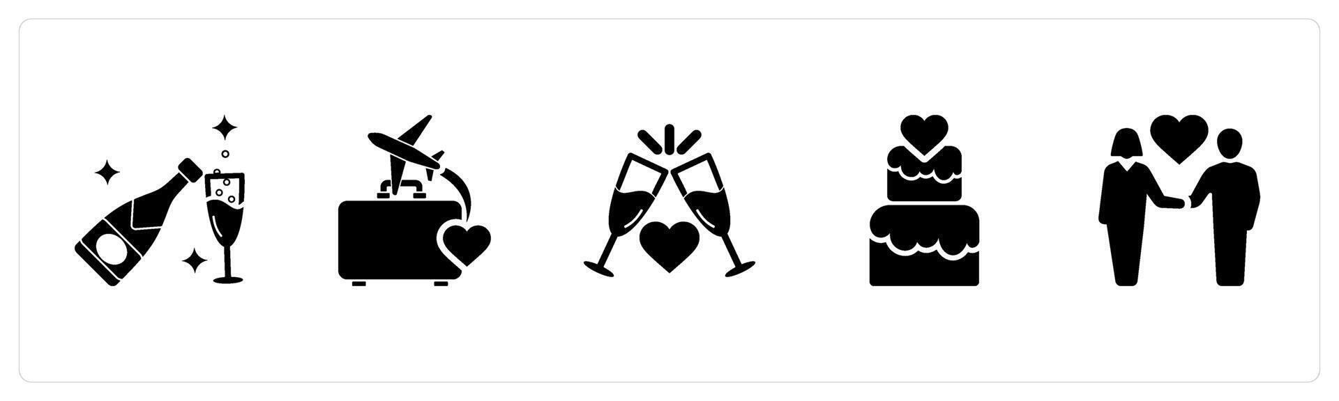 A set of 5 Honeymoon icons as champagne, travel, celebration in black filled color vector