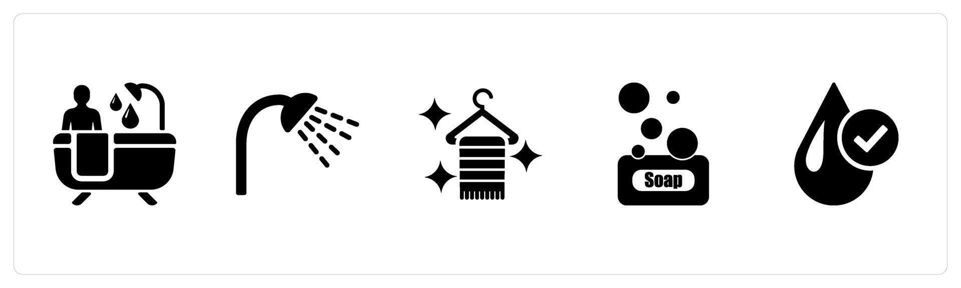A set of 5 Hygiene icons as bathing, shower, towel in black filled color vector
