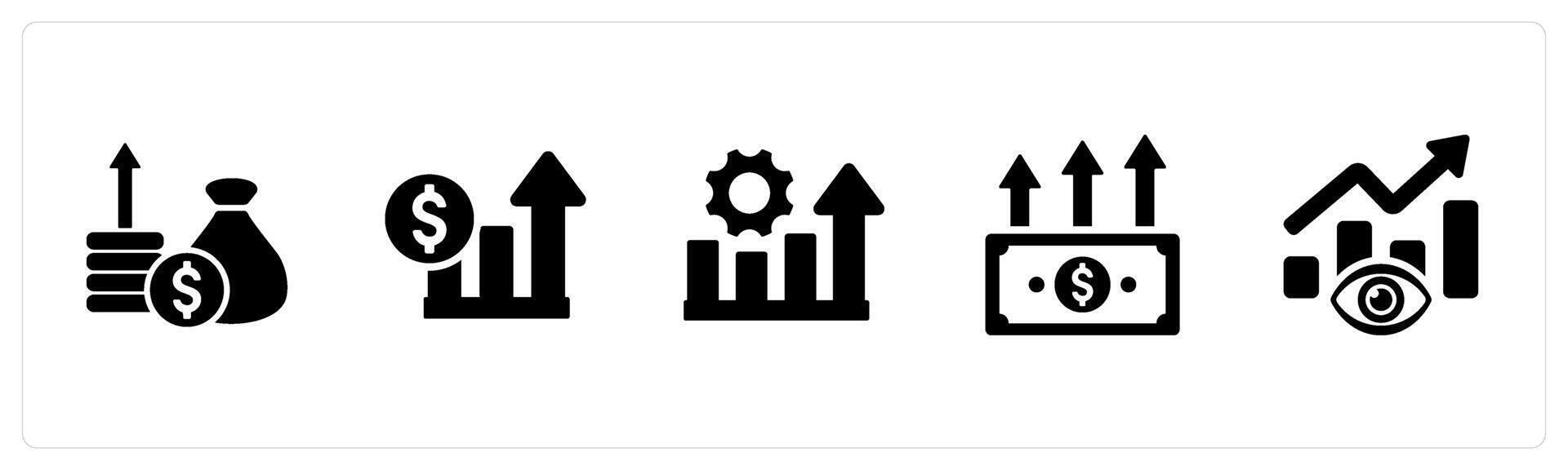 A set of 5 Increase Sale icons as profit, sales, performance in black filled color vector