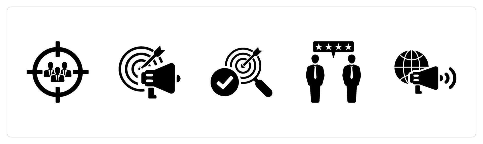 A set of 5 Influencer icons as target audience, advertisement, niche in black filled color vector