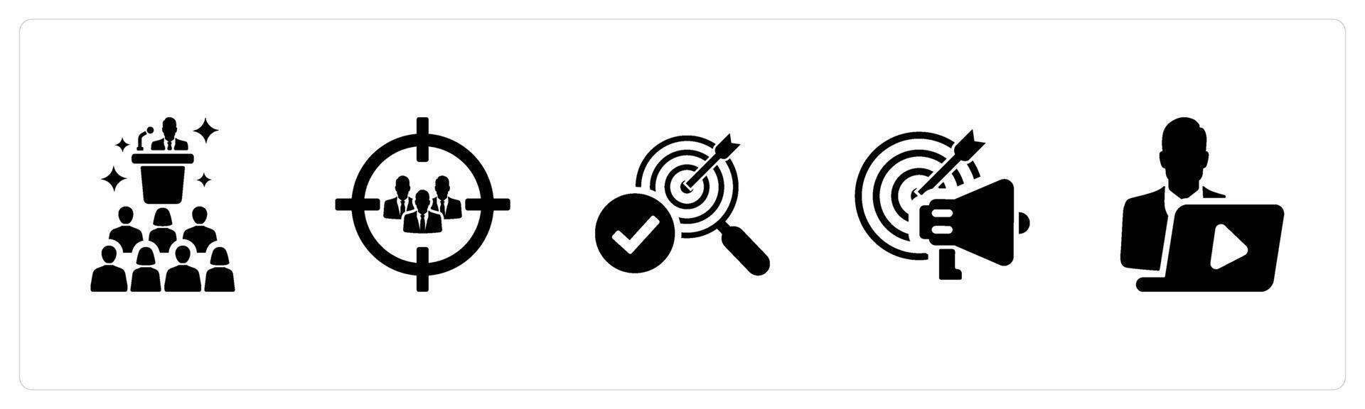 A set of 5 Influencer icons as follower, target audience in black filled color vector