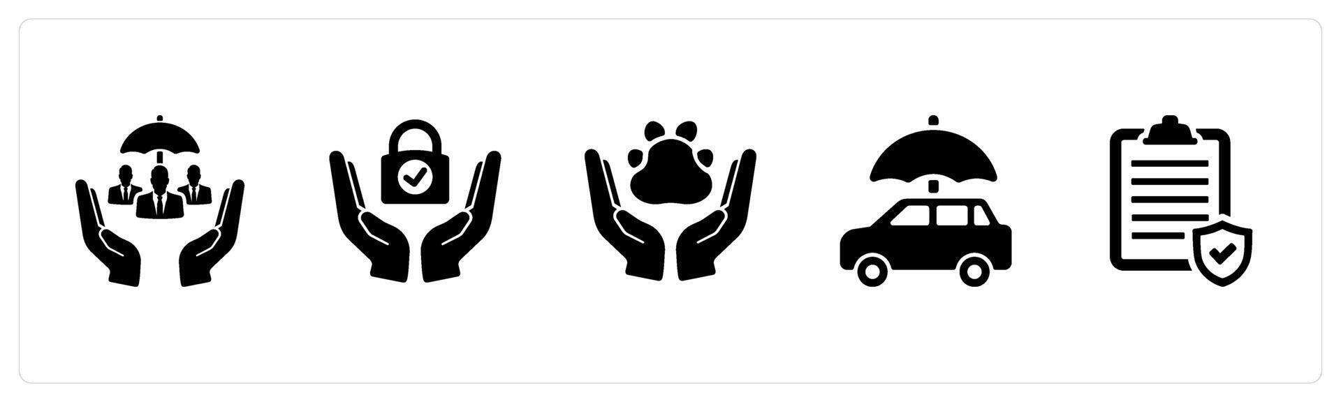 A set of 5 Insurance icons as social security, secure, pet care in black filled color vector